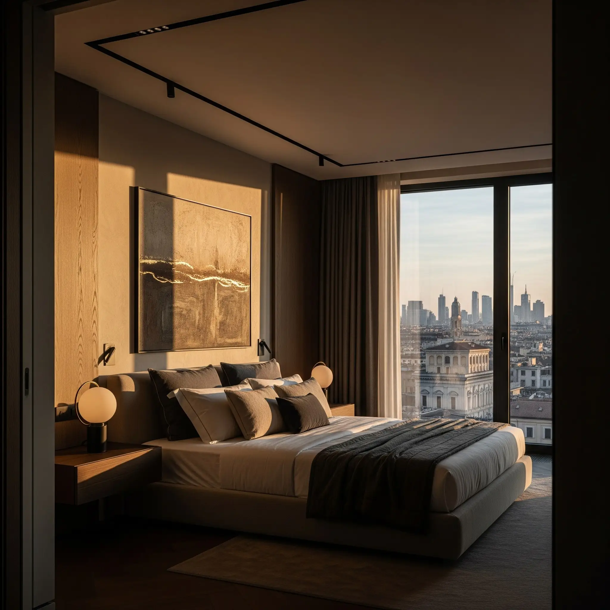 Bedroom at golden hour with a city skyline view through the window