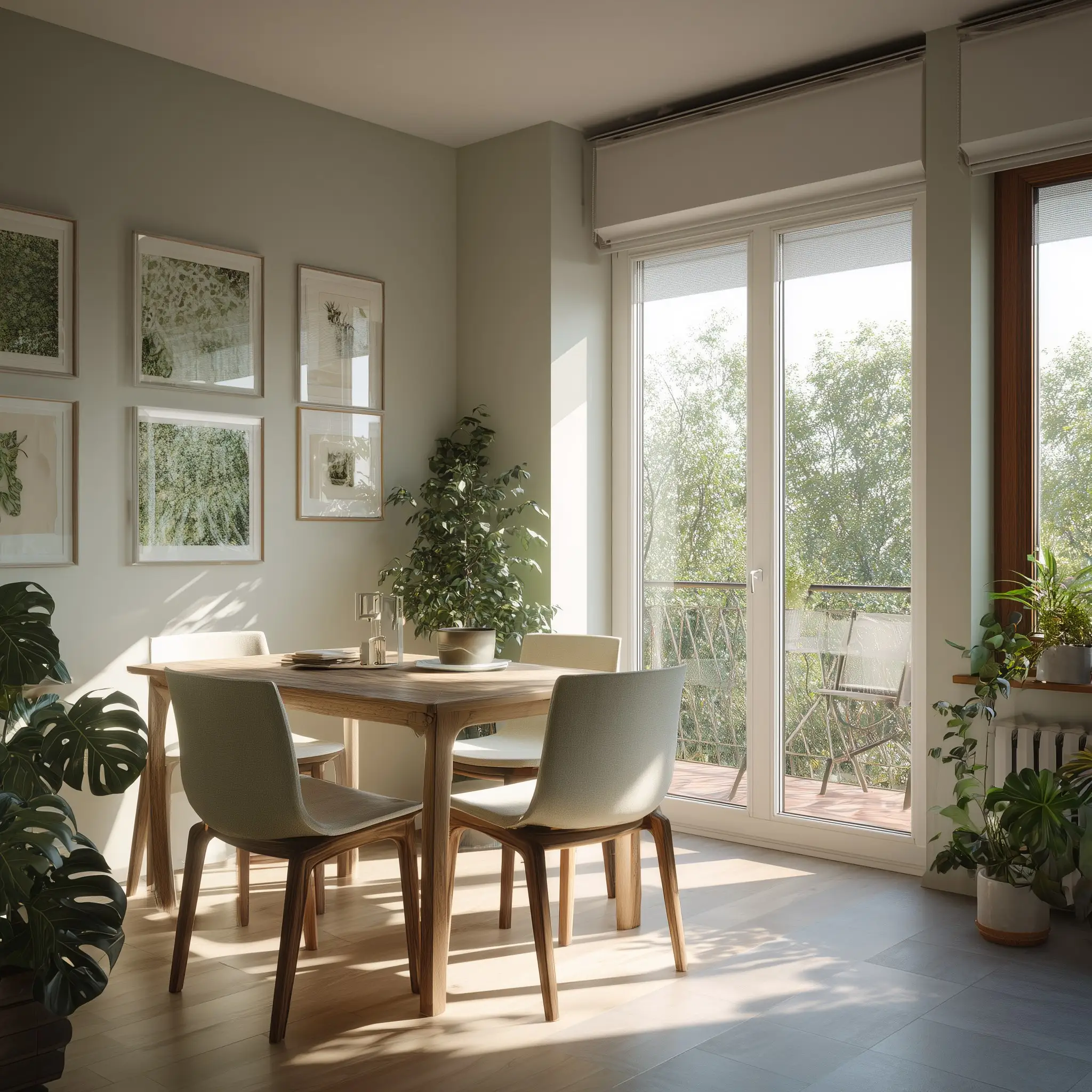 Bright dining table by a balcony window with framed botanical prints