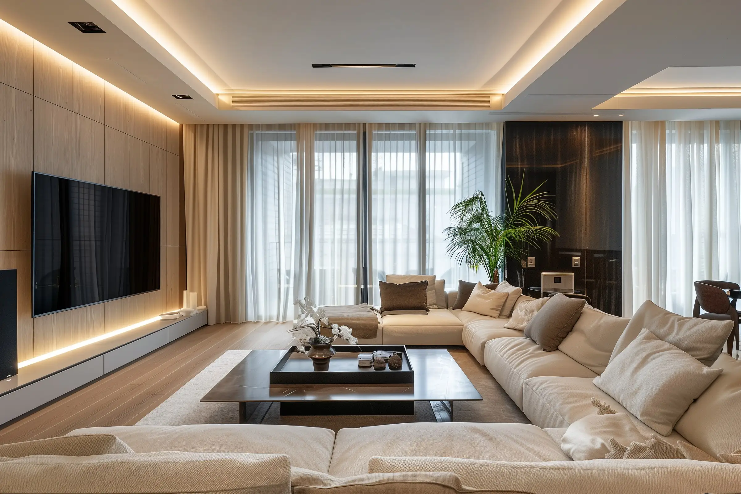 Spacious living room with cove lighting, wall TV and a large sectional sofa