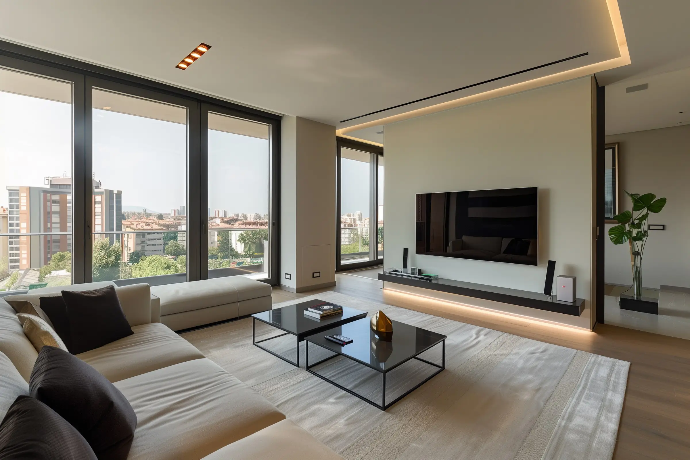 Modern living room with sectional sofa and city view through tall windows
