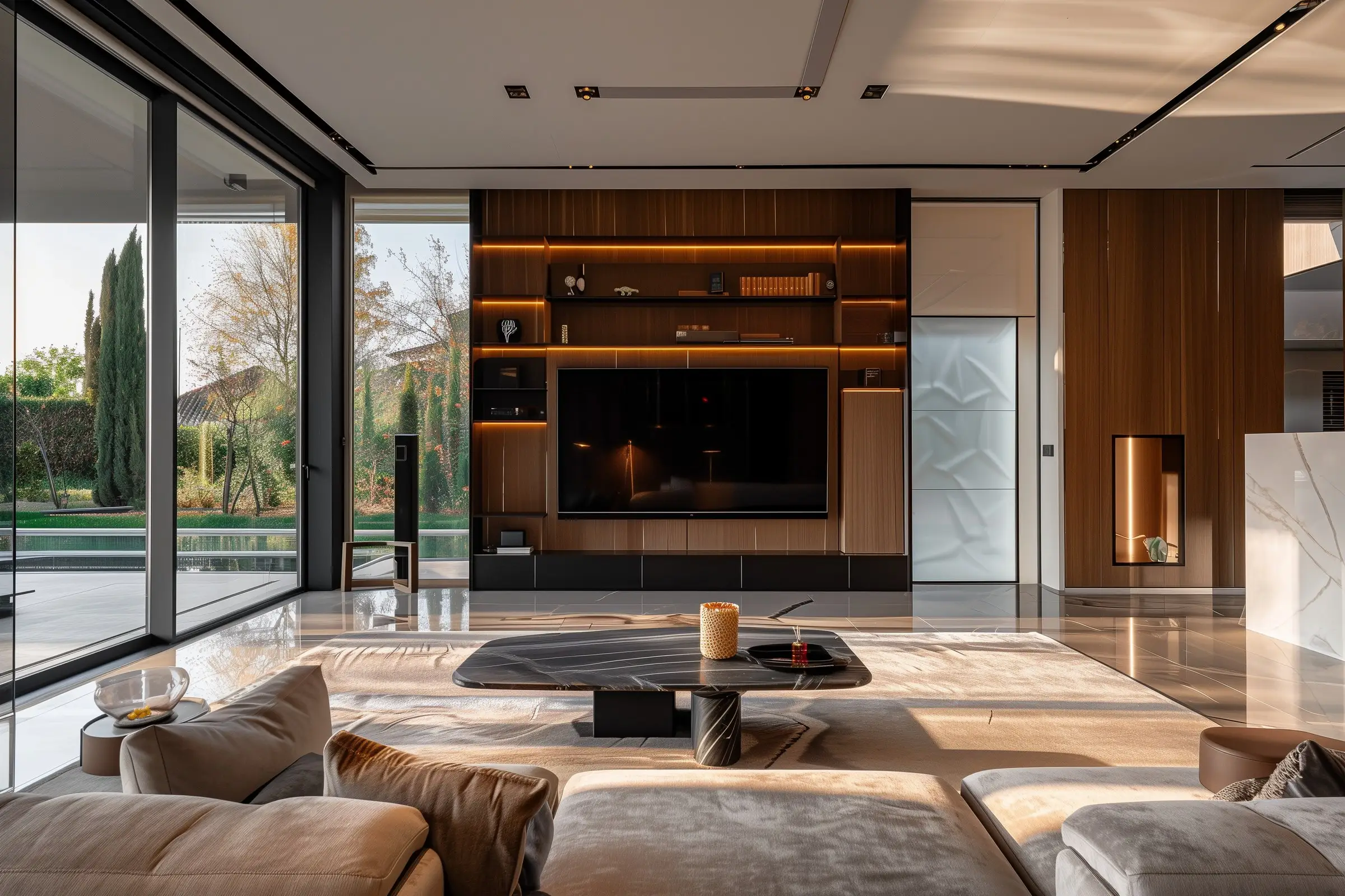 Open-plan living room with wood shelving, glass doors and a garden view