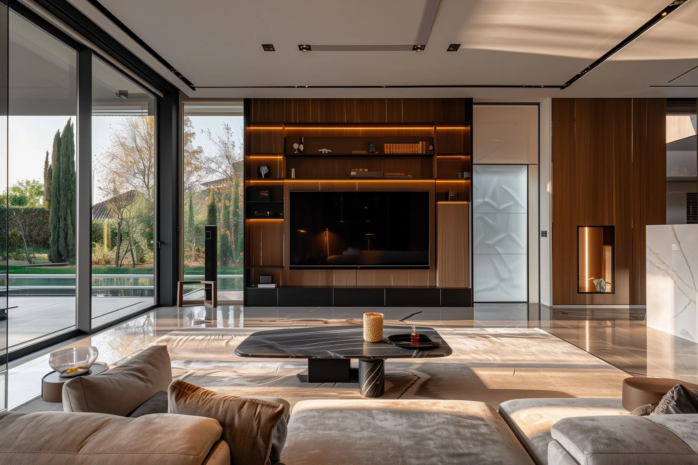 Open-plan living room with wood shelving, glass doors and a view of the garden