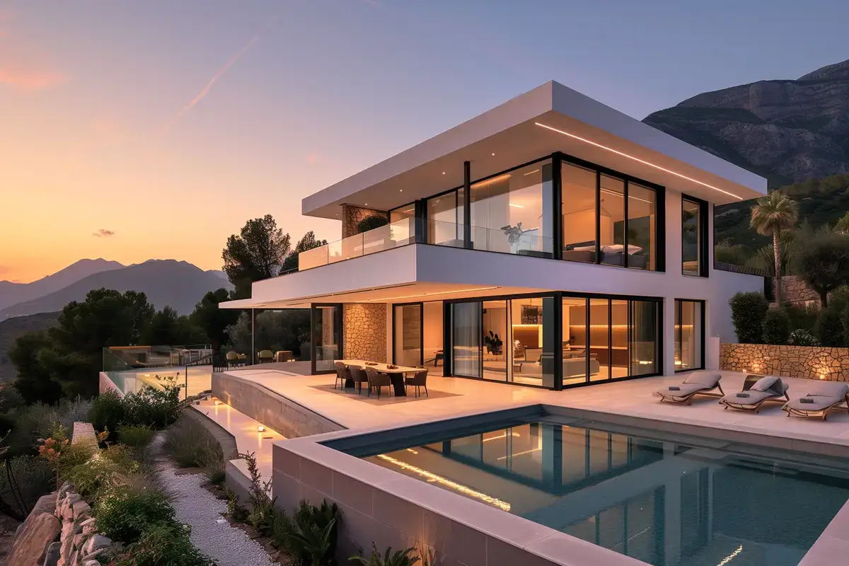 Luxury villa with a pool terrace at sunset