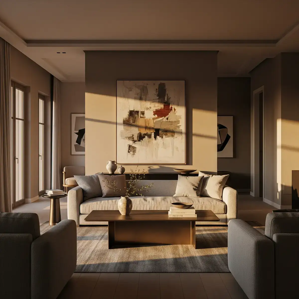 Living room in warm evening light with a sofa, armchairs and abstract art
