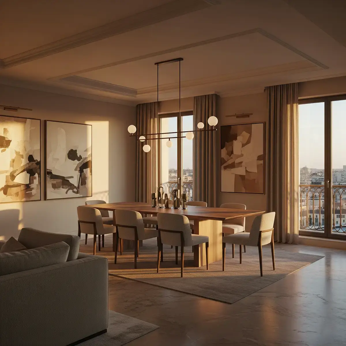 Dining room with long wooden table and pendant lights at golden hour