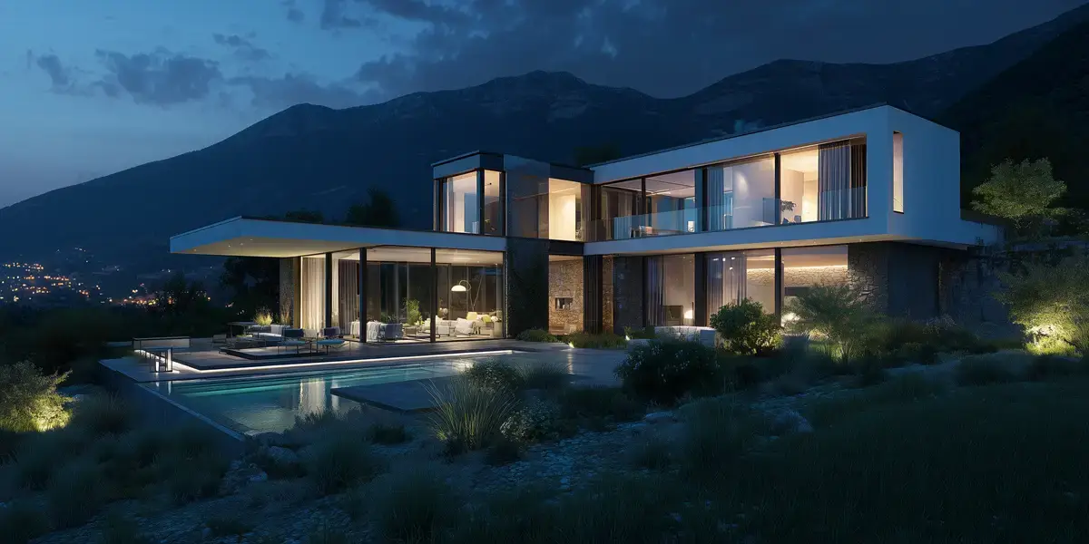 Modern luxury villa with pool at dusk against mountains