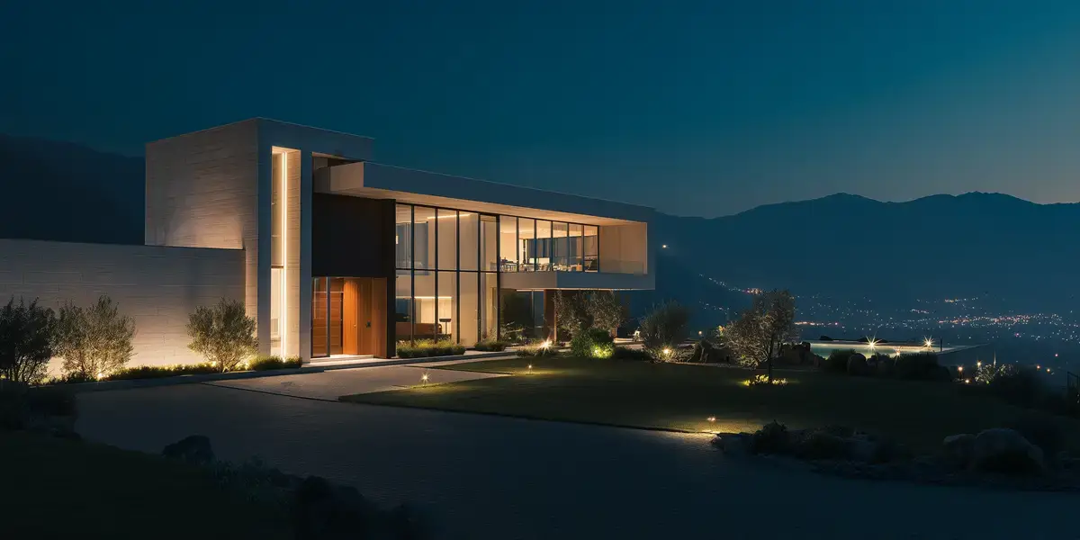 Contemporary villa illuminated at night against a mountain backdrop